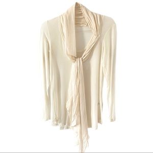 Graham & Spencer Ivory Super Soft Long Sleeve Cotton T-Shirt Silk Tie Neck